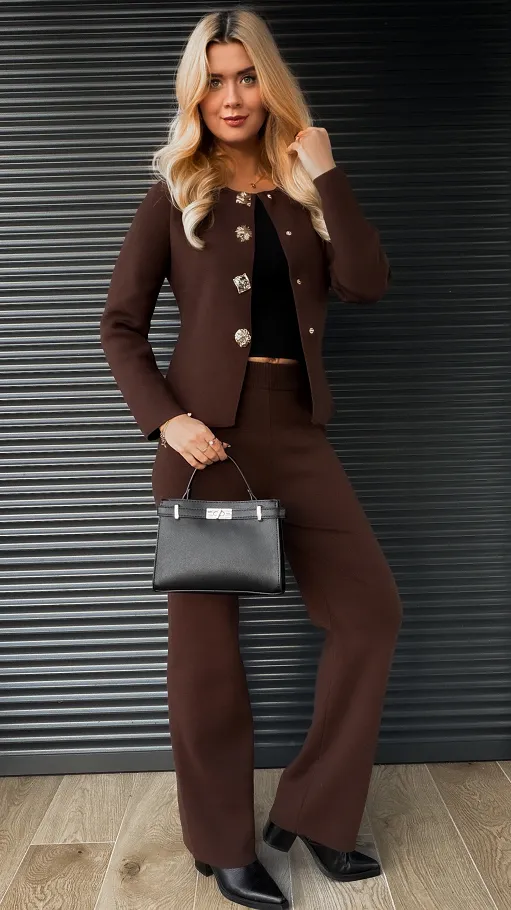 Dzianinowy jesienny komplet elegancki sweter + spodnie ONE SIZE czekolada - R316A