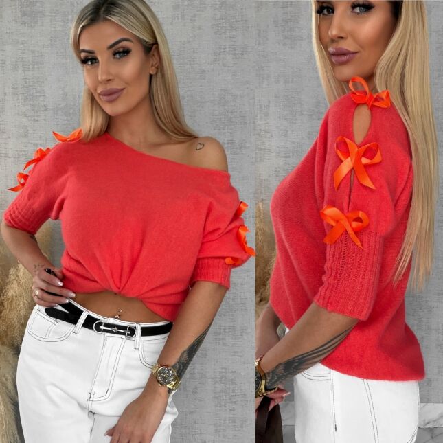 Oryginalny wiosenny sweter z krótkim rękawem i kokardkami ORANGE - R664A