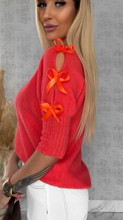 Oryginalny wiosenny sweter z krótkim rękawem i kokardkami ORANGE - R664A