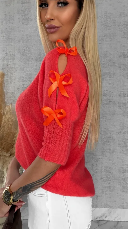 Oryginalny wiosenny sweter z krótkim rękawem i kokardkami ORANGE - R664A