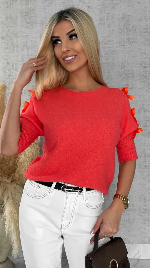 Oryginalny wiosenny sweter z krótkim rękawem i kokardkami ORANGE - R664A