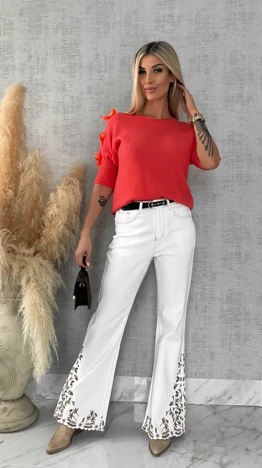 Oryginalny wiosenny sweter z krótkim rękawem i kokardkami ORANGE - R664A