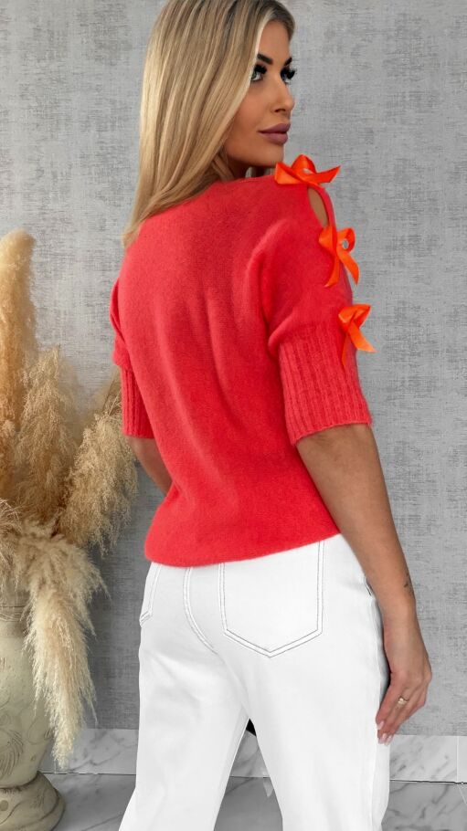 Oryginalny wiosenny sweter z krótkim rękawem i kokardkami ORANGE - R664A