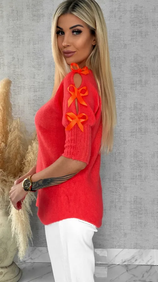 Oryginalny wiosenny sweter z krótkim rękawem i kokardkami ORANGE - R664A