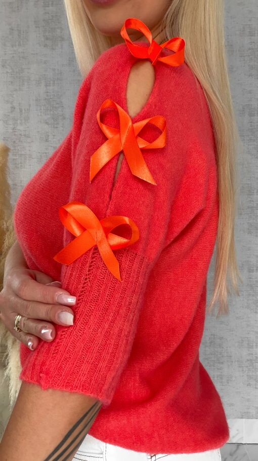 Oryginalny wiosenny sweter z krótkim rękawem i kokardkami ORANGE - R664A
