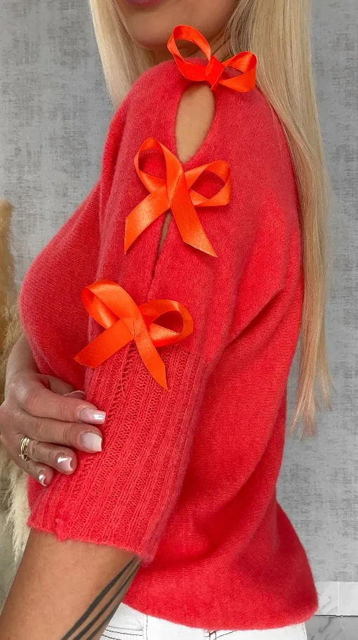 Oryginalny wiosenny sweter z krótkim rękawem i kokardkami ORANGE - R664A