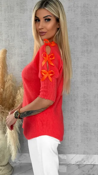 Oryginalny wiosenny sweter z krótkim rękawem i kokardkami ORANGE - R664A