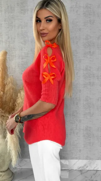 Oryginalny wiosenny sweter z krótkim rękawem i kokardkami ORANGE - R664A