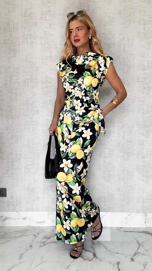 Komplet w cytryny z asymetryczną bluzką i spodniami ONE SIZE - P721