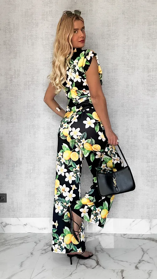 Komplet w cytryny z asymetryczną bluzką i spodniami ONE SIZE - P721