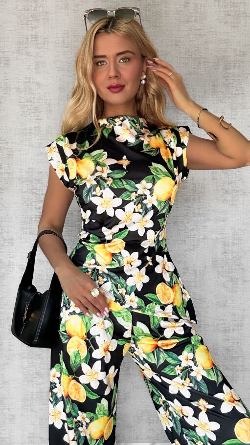 Komplet w cytryny z asymetryczną bluzką i spodniami ONE SIZE - P721