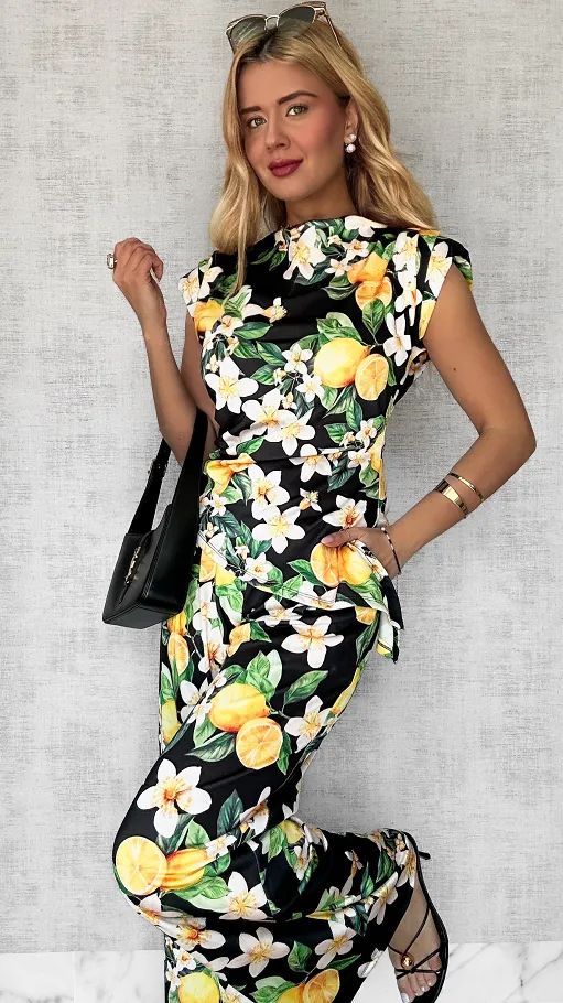 Komplet w cytryny z asymetryczną bluzką i spodniami ONE SIZE - P721