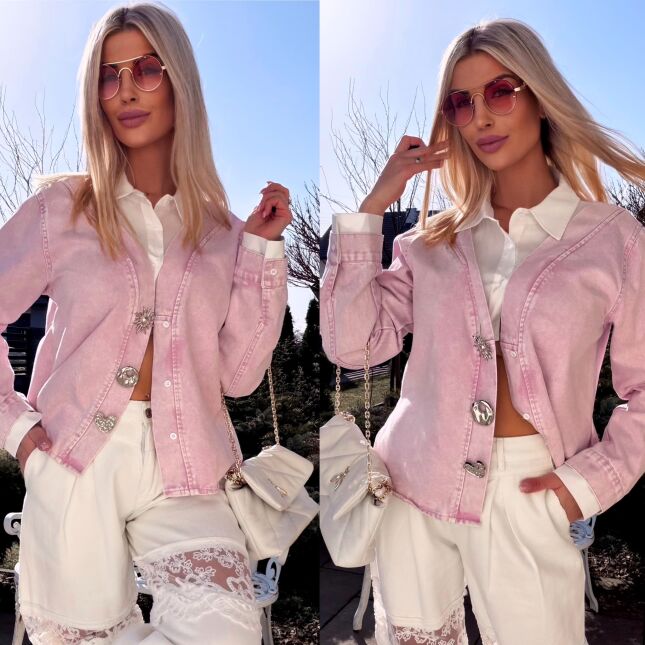 Oryginalna różowa katana jeansowa z koszulową wstawką ONE SIZE - R800A