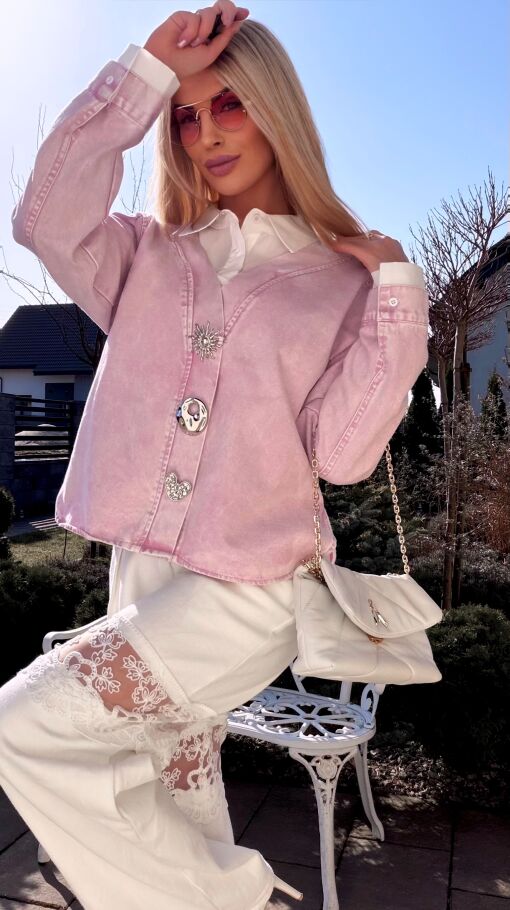 Oryginalna różowa katana jeansowa z koszulową wstawką ONE SIZE - R800A