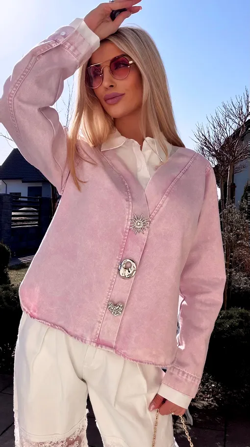 Oryginalna różowa katana jeansowa z koszulową wstawką ONE SIZE - R800A