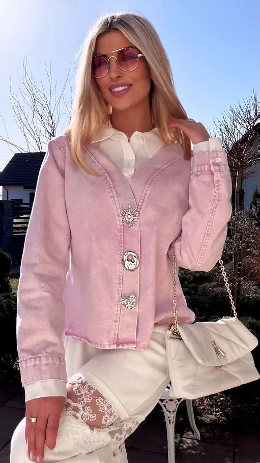 Oryginalna różowa katana jeansowa z koszulową wstawką ONE SIZE - R800A