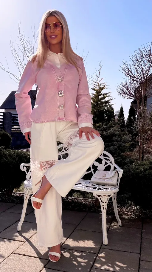 Oryginalna różowa katana jeansowa z koszulową wstawką ONE SIZE - R800A