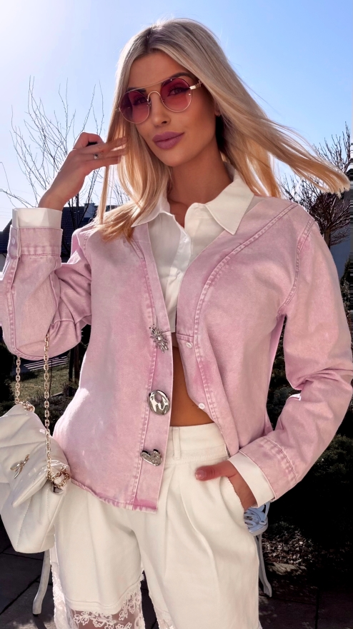 Oryginalna różowa katana jeansowa z koszulową wstawką ONE SIZE - R800A