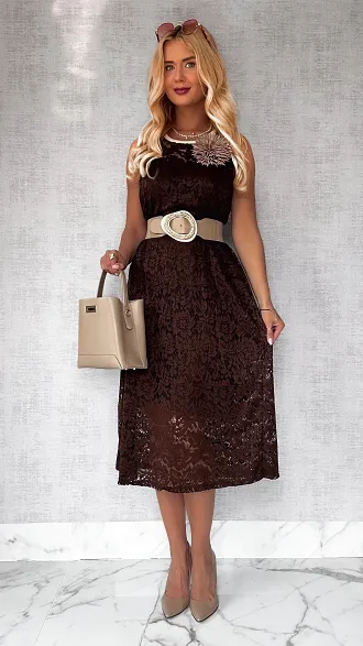 Długa koronkowa sukienka z kwiatem ONE SIZE czekoladowa - P787A