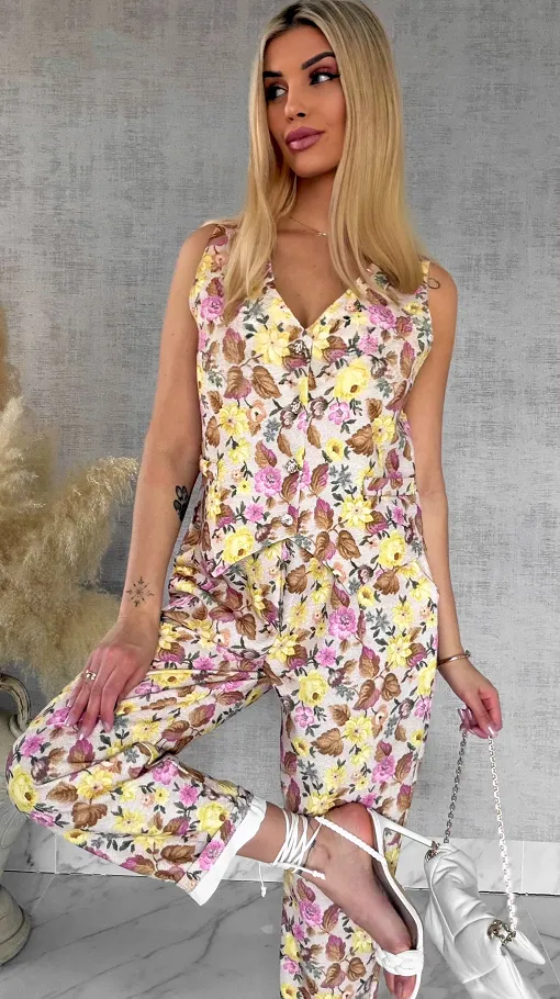 Komplet z kwiatowym printem YELLOW kamizelka + spodnie ONE SIZE - R904