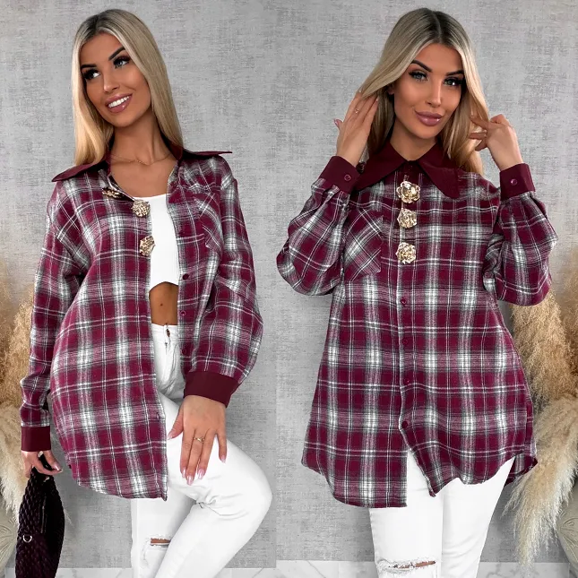 Bordowa bawełniana koszula w kratę ze złotymi kwiatami ONE SIZE - R617A