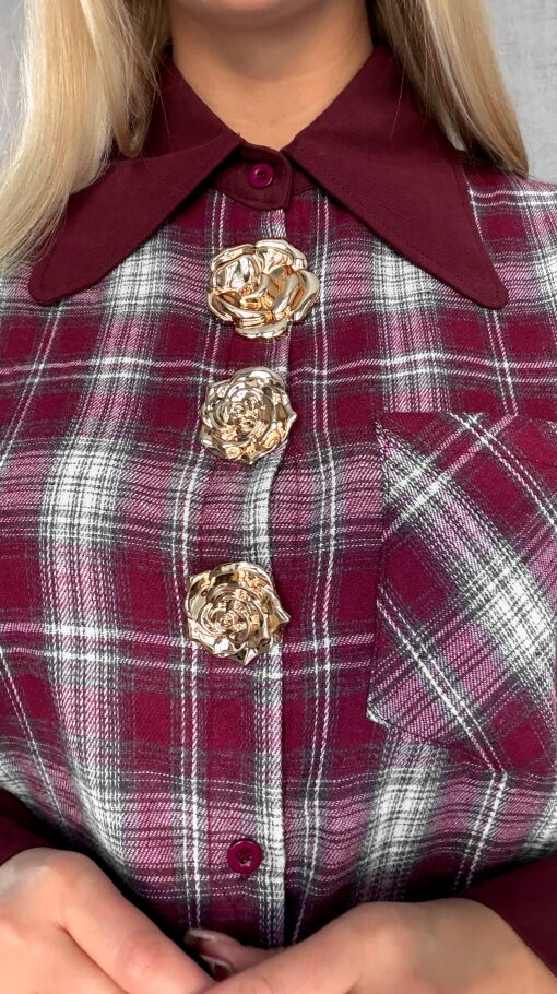 Bordowa bawełniana koszula w kratę ze złotymi kwiatami ONE SIZE - R617A