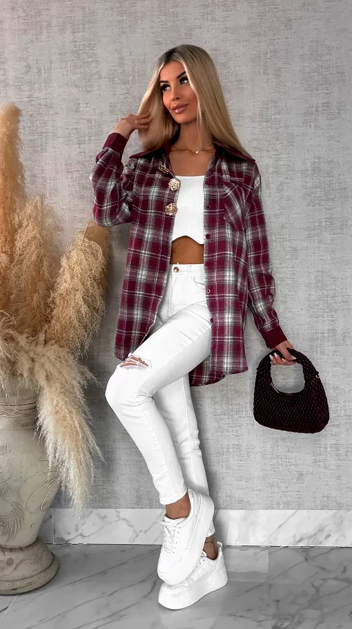 Bordowa bawełniana koszula w kratę ze złotymi kwiatami ONE SIZE - R617A