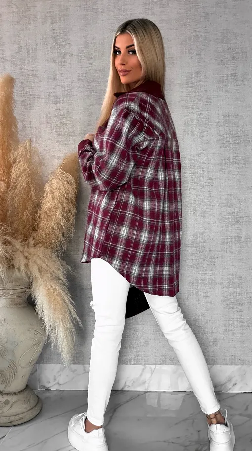 Bordowa bawełniana koszula w kratę ze złotymi kwiatami ONE SIZE - R617A