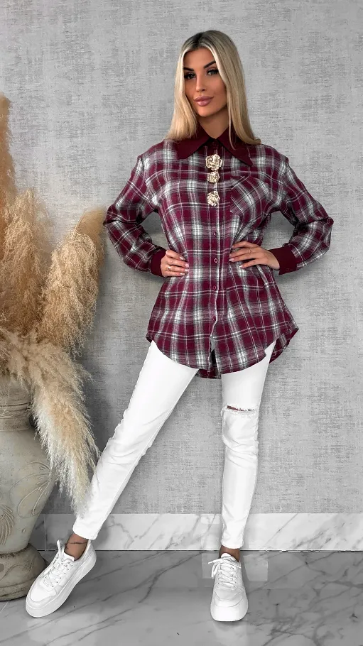 Bordowa bawełniana koszula w kratę ze złotymi kwiatami ONE SIZE - R617A