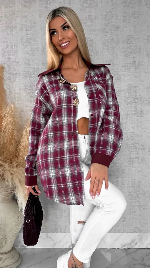 Bordowa bawełniana koszula w kratę ze złotymi kwiatami ONE SIZE - R617A