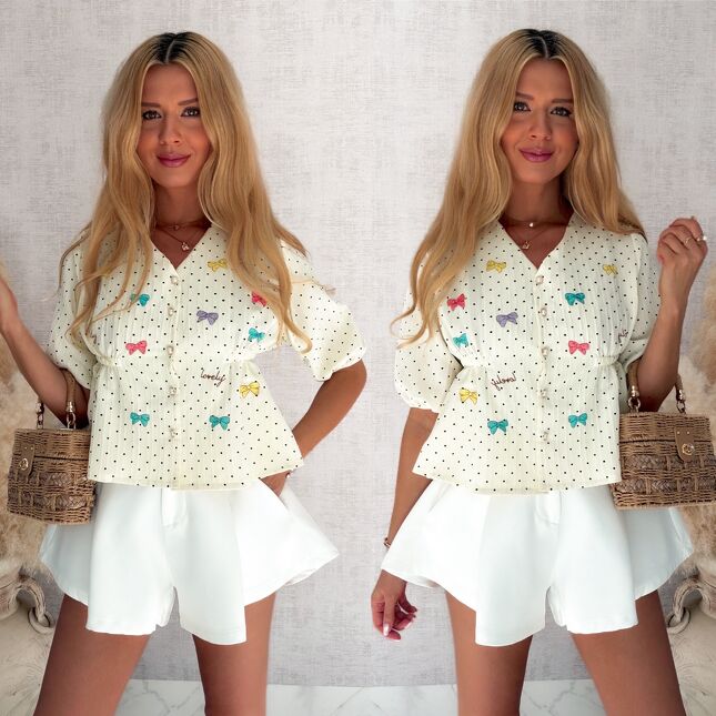 Stylowa bluzka w mini groszki z haftowanymi kokardami ONE SIZE - S045