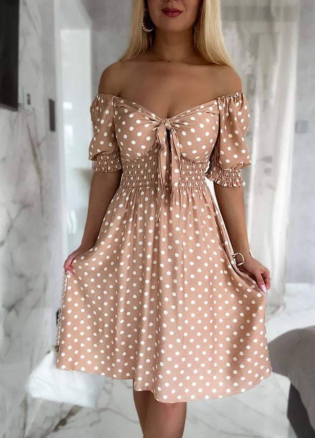 Fantastyczna sukienka w grochy BEŻOWA - N004A