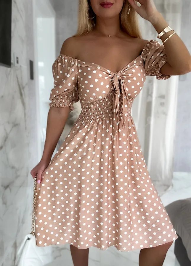 Fantastyczna sukienka w grochy BEŻOWA - N004A