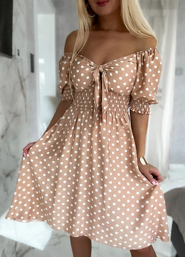 Fantastyczna sukienka w grochy BEŻOWA - N004A