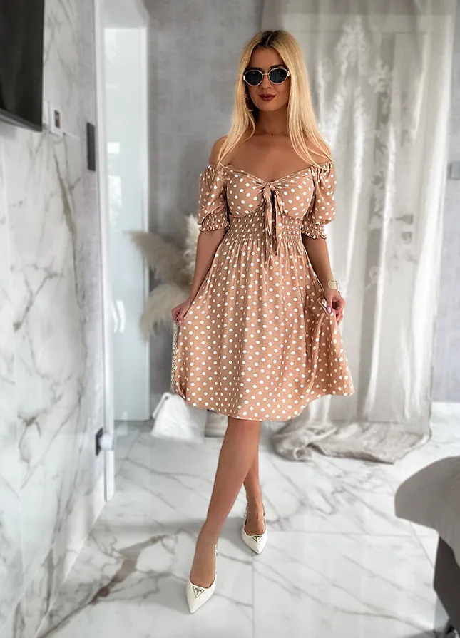 Fantastyczna sukienka w grochy BEŻOWA - N004A
