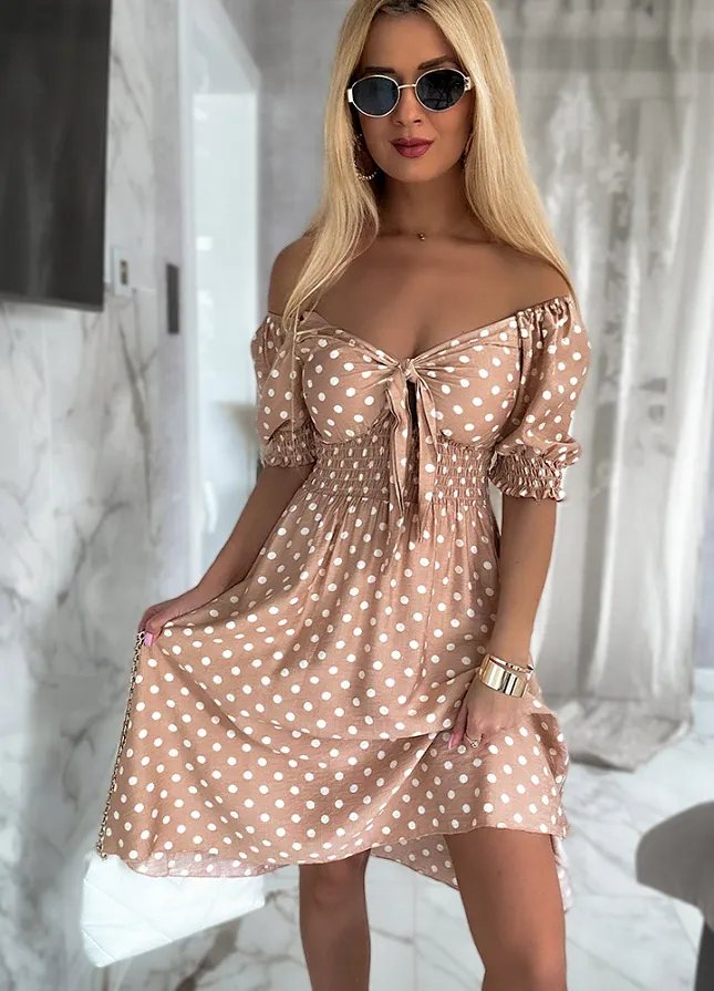 Fantastyczna sukienka w grochy BEŻOWA - N004A