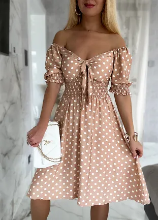 Fantastyczna sukienka w grochy BEŻOWA - N004A