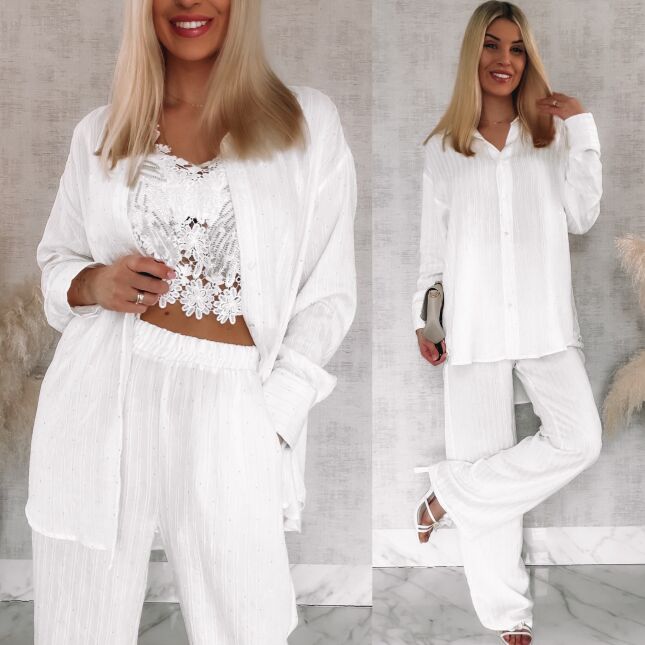 Komplet w delikatne paski i mini cyrkonie koszula + spodnie ONE SIZE biały - R841