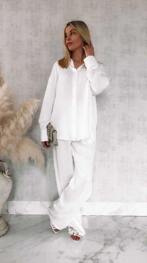 Komplet w delikatne paski i mini cyrkonie koszula + spodnie ONE SIZE biały - R841