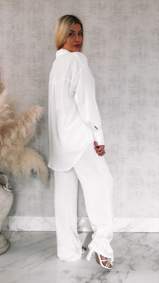 Komplet w delikatne paski i mini cyrkonie koszula + spodnie ONE SIZE biały - R841