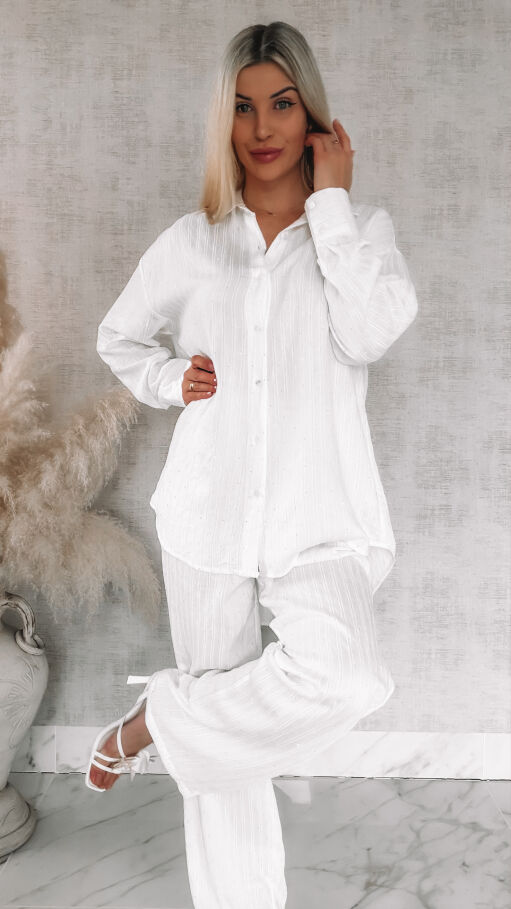 Komplet w delikatne paski i mini cyrkonie koszula + spodnie ONE SIZE biały - R841