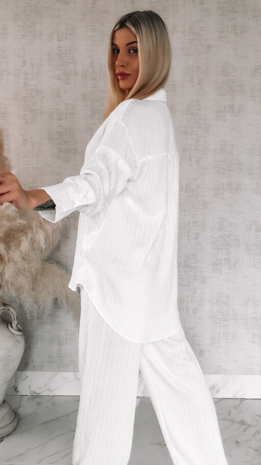 Komplet w delikatne paski i mini cyrkonie koszula + spodnie ONE SIZE biały - R841