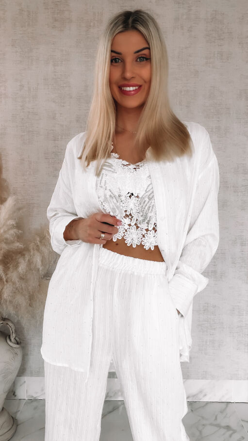 Komplet w delikatne paski i mini cyrkonie koszula + spodnie ONE SIZE biały - R841