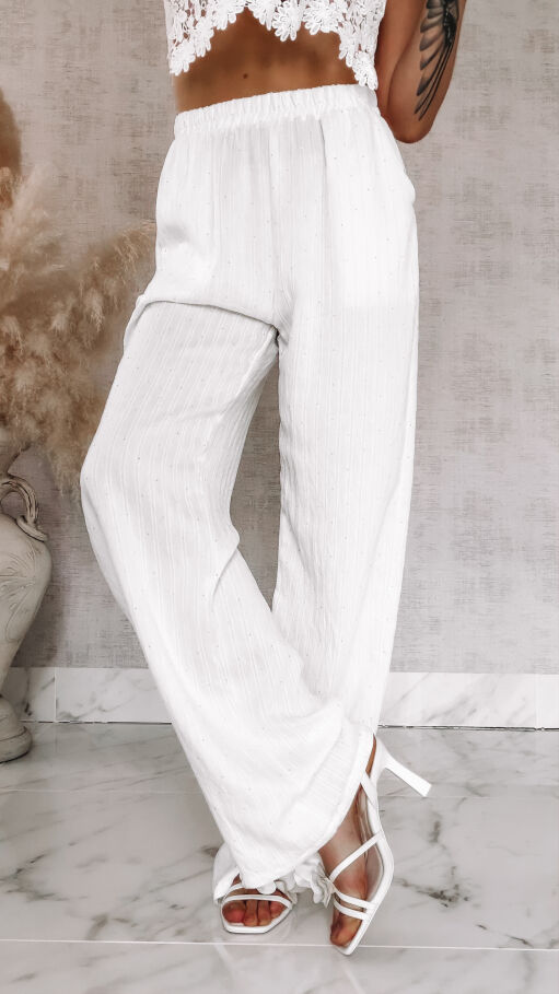 Komplet w delikatne paski i mini cyrkonie koszula + spodnie ONE SIZE biały - R841