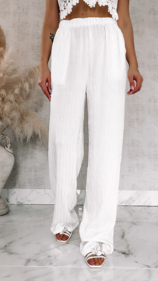 Komplet w delikatne paski i mini cyrkonie koszula + spodnie ONE SIZE biały - R841