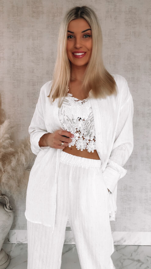 Komplet w delikatne paski i mini cyrkonie koszula + spodnie ONE SIZE biały - R841