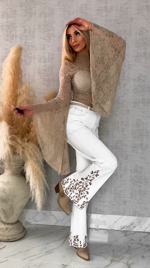 Beżowa koronkowa bluzka z modnymi szerokimi rękawami ONE SIZE - R682B