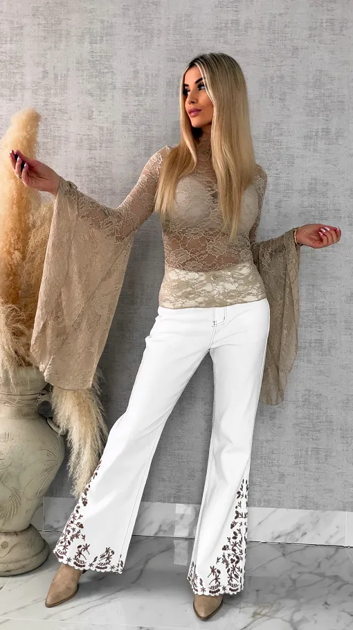Beżowa koronkowa bluzka z modnymi szerokimi rękawami ONE SIZE - R682B