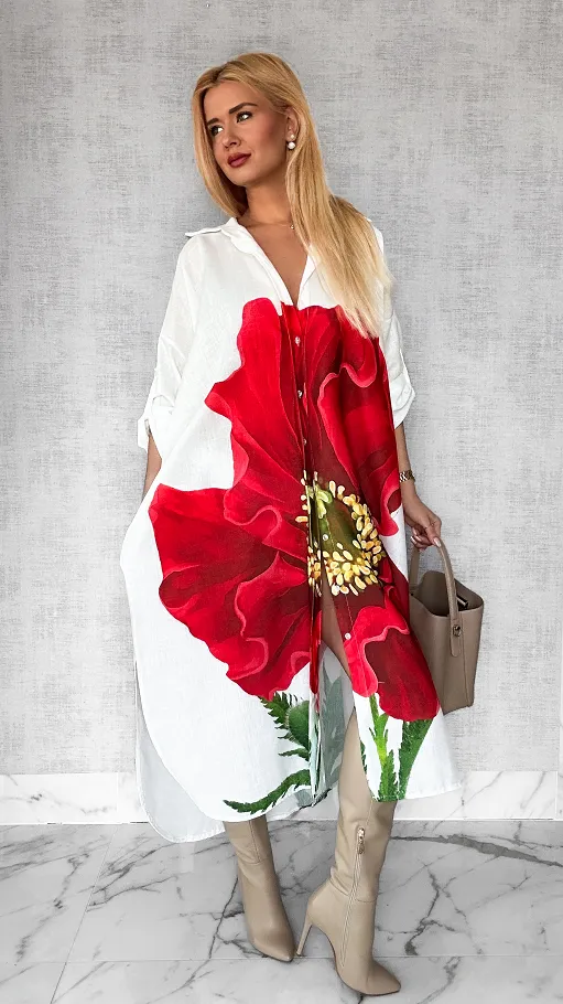Lniana MAXI koszula z czerwonym makiem duży OVERSIZE biała - P342A
