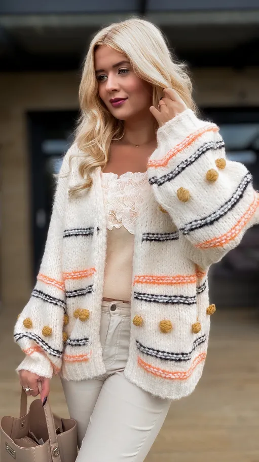 Jesienny sweter kardigan w kolorze ecru ONE SIZE - R145